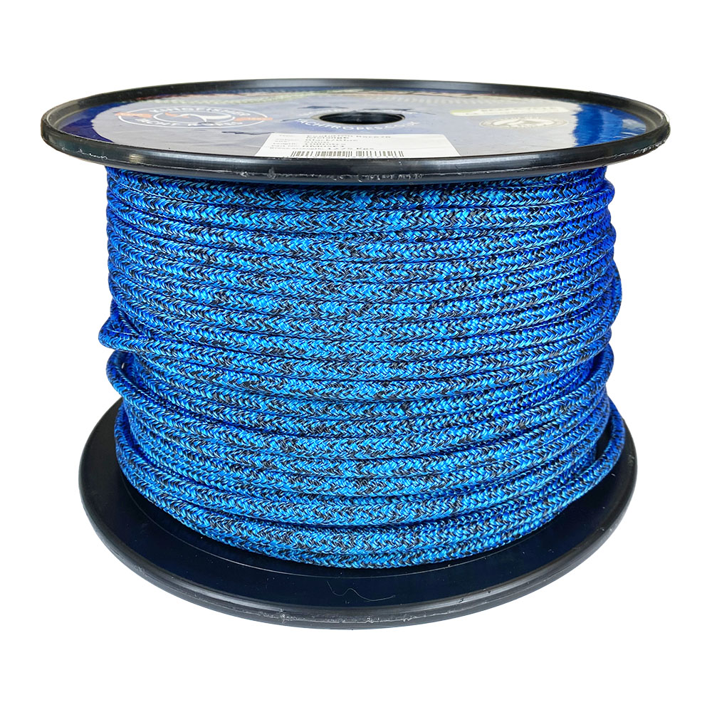 Spool of 5mm blue black fleck dyneema braid on a plastic spool with a white background