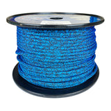 Spool of 5mm blue black fleck dyneema braid on a plastic spool with a white background