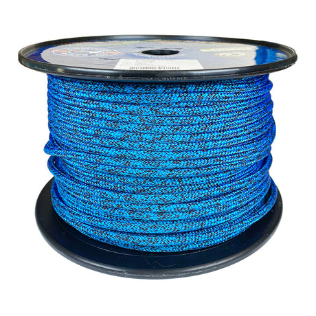 Spool of 5mm blue black fleck dyneema braid on a plastic spool with a white background