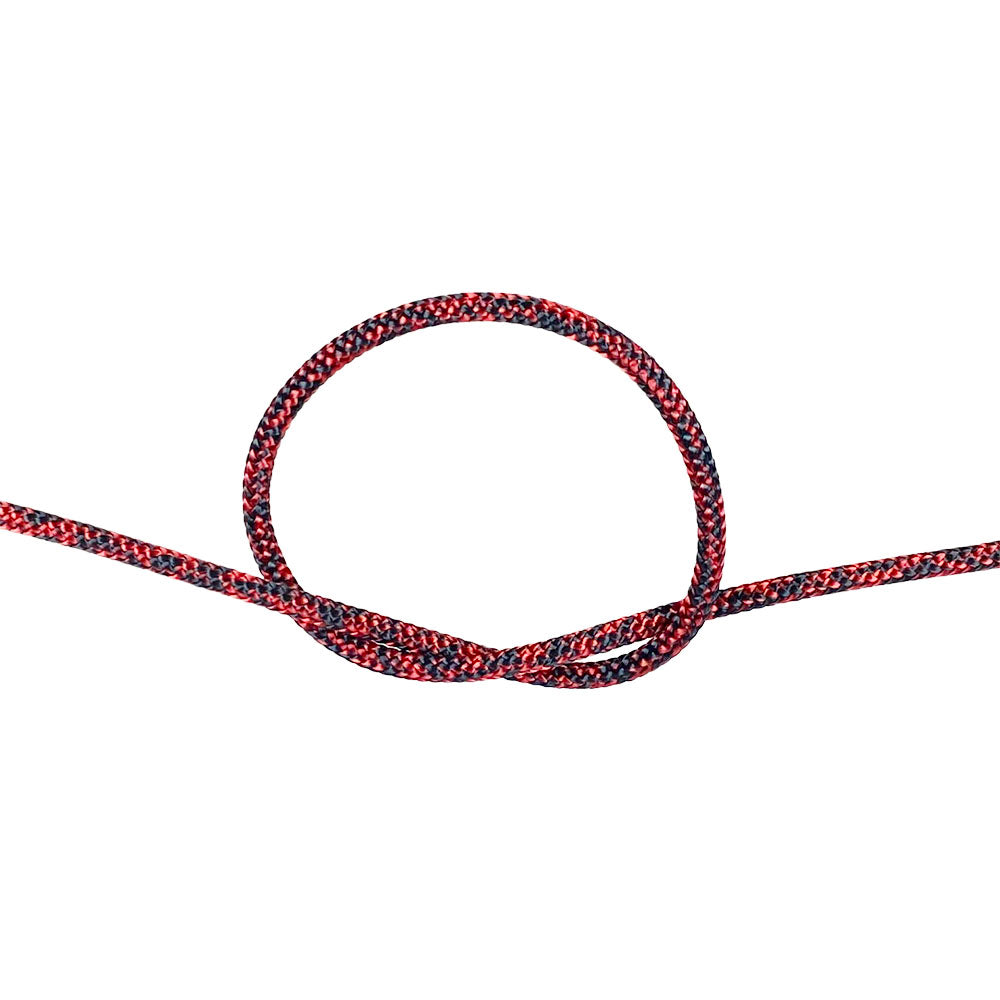 3mm red braided dyneema rope with a knot on a white background