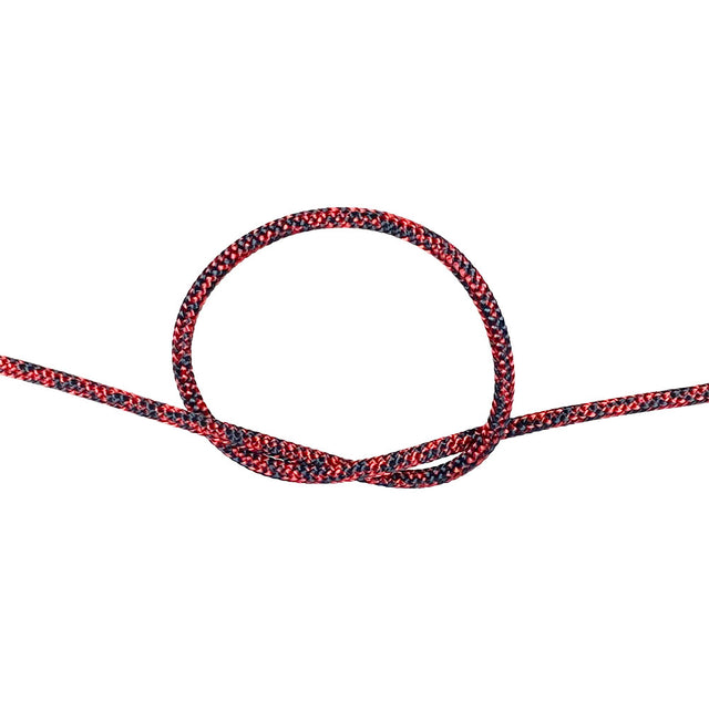 3mm red braided dyneema rope with a knot on a white background