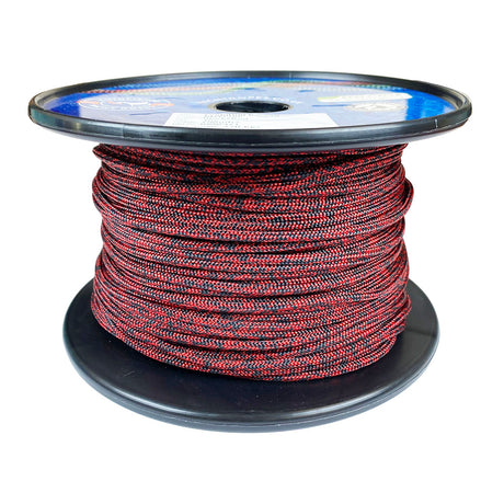Spool of 3mm red black fleck dyneema braid on a plastic spool with a white background