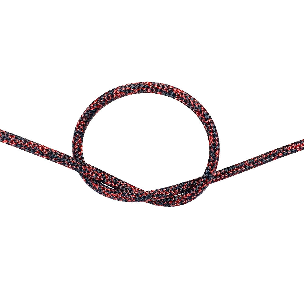4mm red braided dyneema rope with a knot on a white background