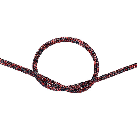 4mm red braided dyneema rope with a knot on a white background