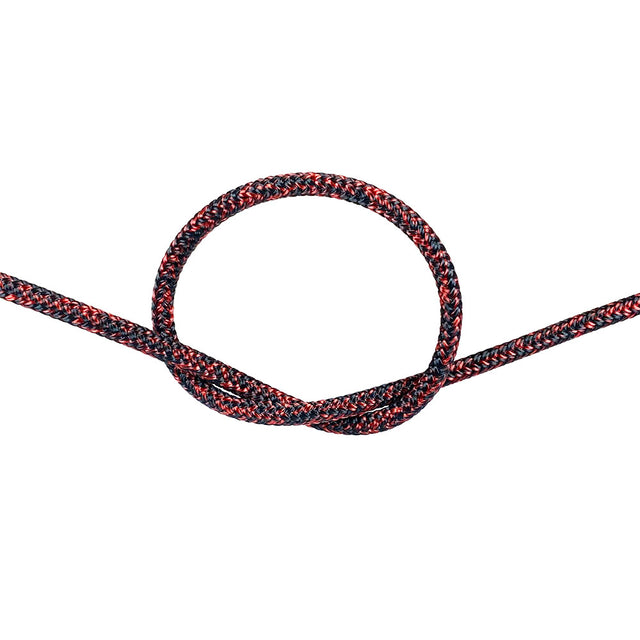 4mm red braided dyneema rope with a knot on a white background