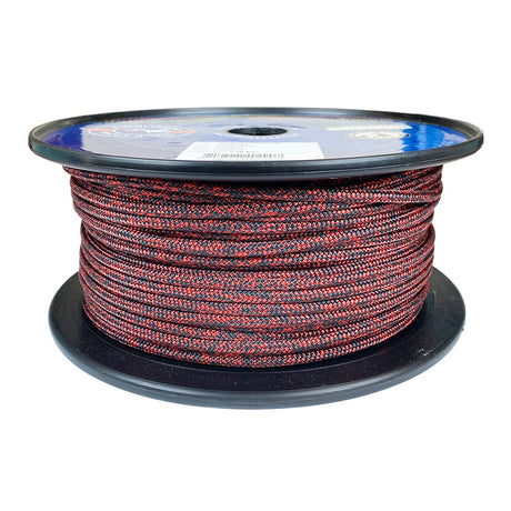 Spool of 4mm red black fleck dyneema braid on a plastic spool with a white background