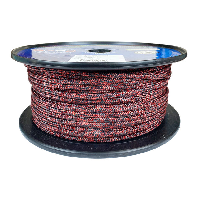Spool of 4mm red black fleck dyneema braid on a plastic spool with a white background