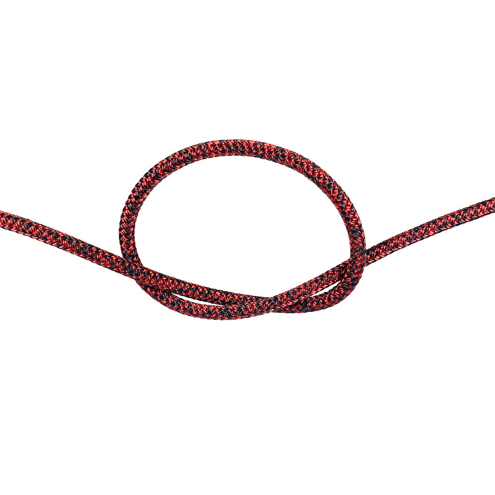 5mm red braided dyneema rope with a knot on a white background