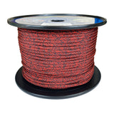 Spool of 5mm red black fleck dyneema braid on a plastic spool with a white background