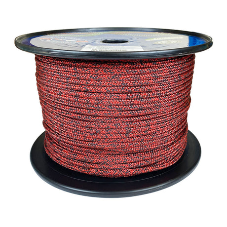 Spool of 5mm red black fleck dyneema braid on a plastic spool with a white background