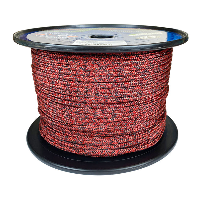 Spool of 5mm red black fleck dyneema braid on a plastic spool with a white background