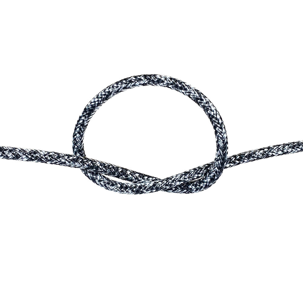 4mm black and white braided dyneema rope with a knot on a white background