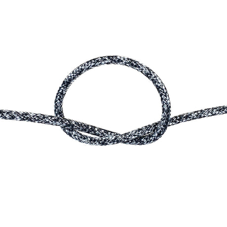 4mm black and white braided dyneema rope with a knot on a white background