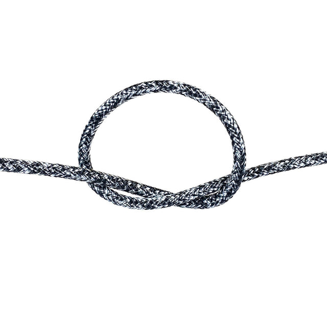 4mm black and white braided dyneema rope with a knot on a white background