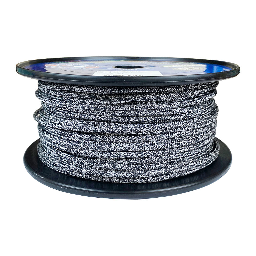 Spool of 4mm whte black fleck dyneema braid on a plastic spool with a white background