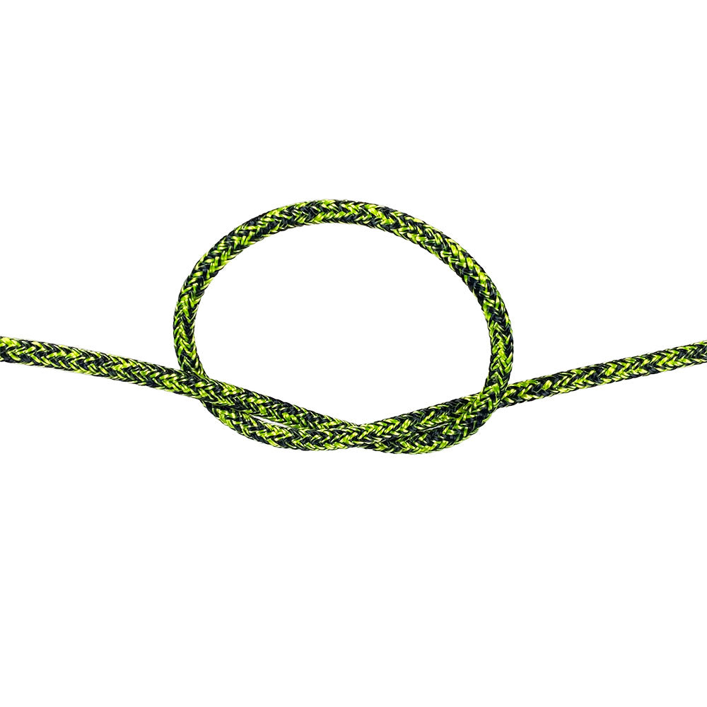 4mm yellow braided dyneema rope with a knot on a white background