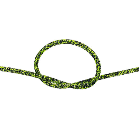 4mm yellow braided dyneema rope with a knot on a white background