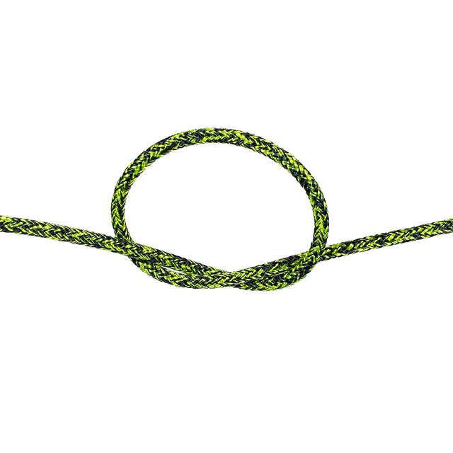 4mm yellow braided dyneema rope with a knot on a white background