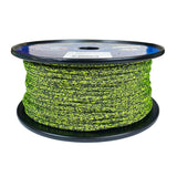 Spool of 4mm yellow black fleck dyneema braid on a plastic spool with a white background