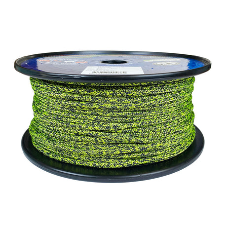 Spool of 4mm yellow black fleck dyneema braid on a plastic spool with a white background