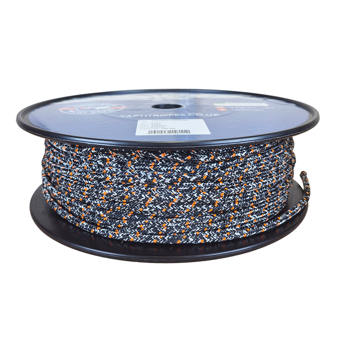 A spool of braided rope in a black, white, and orange patterned weave, wound on a black plastic spool against a white background.