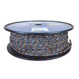 A spool of braided rope in a black, white, and orange patterned weave, wound on a black plastic spool against a white background.