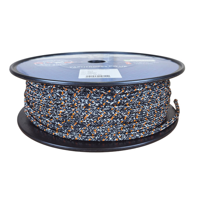 A spool of braided rope in a black, white, and orange patterned weave, wound on a black plastic spool against a white background.