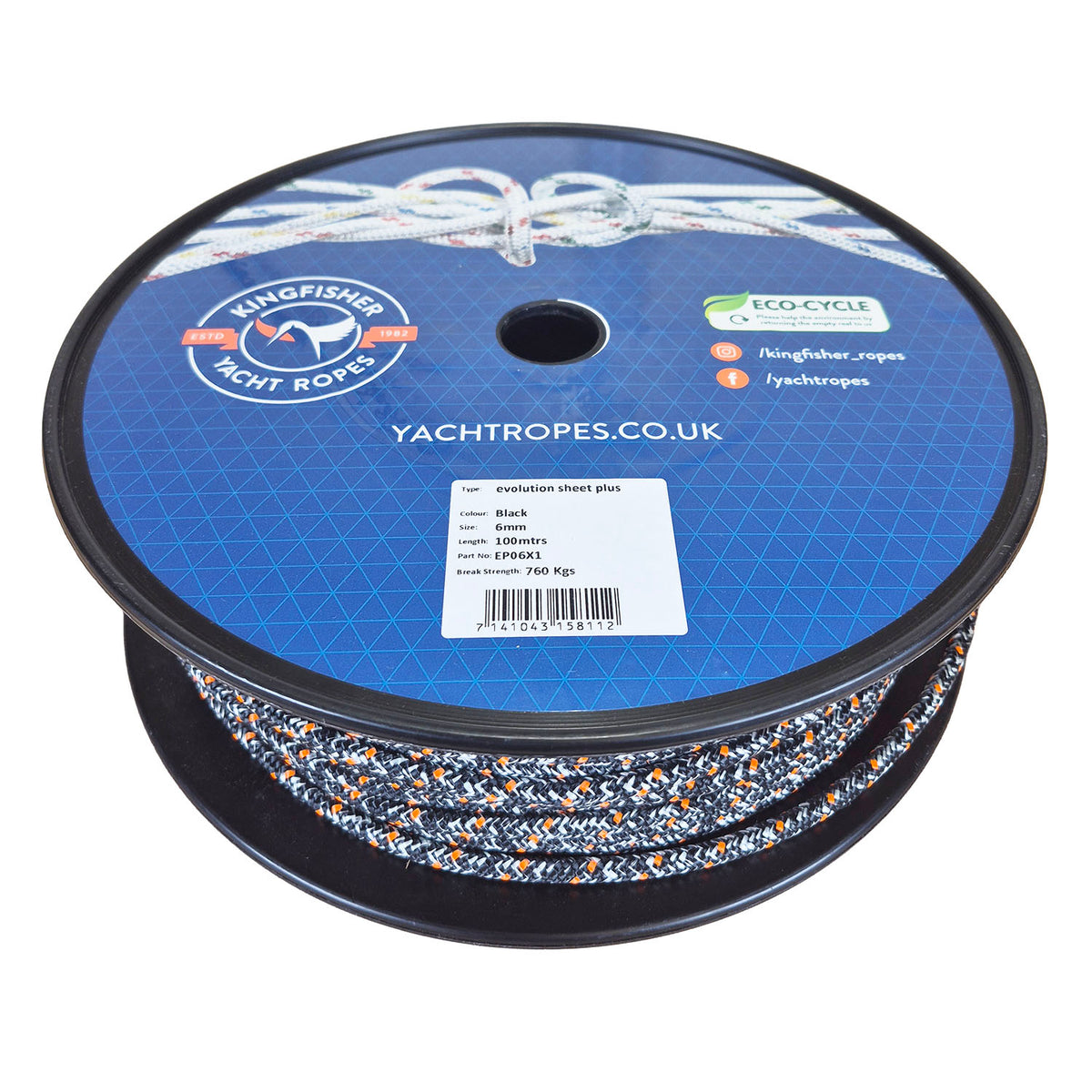 A spool of Kingfisher Yacht Ropes, featuring a black plastic spool with a blue printed label and a braided black, white, and orange rope wound around it, set against a plain white background.