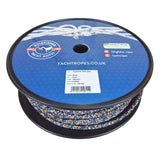 A spool of Kingfisher Yacht Ropes, featuring a black plastic spool with a blue printed label and a braided black, white, and orange rope wound around it, set against a plain white background.