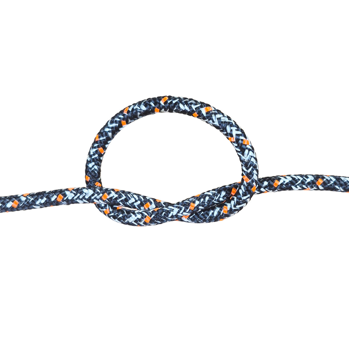 A close-up of a braided rope tied in a loop and knot, shown against a plain white background. The rope has a black base with a white chevron pattern and small orange diamond accents.