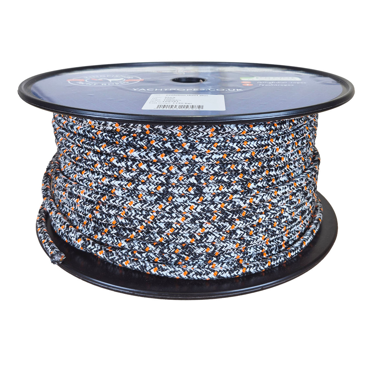 A large spool of braided rope with a black plastic core, wound with a black, white, and orange patterned rope, shown on a plain white background.