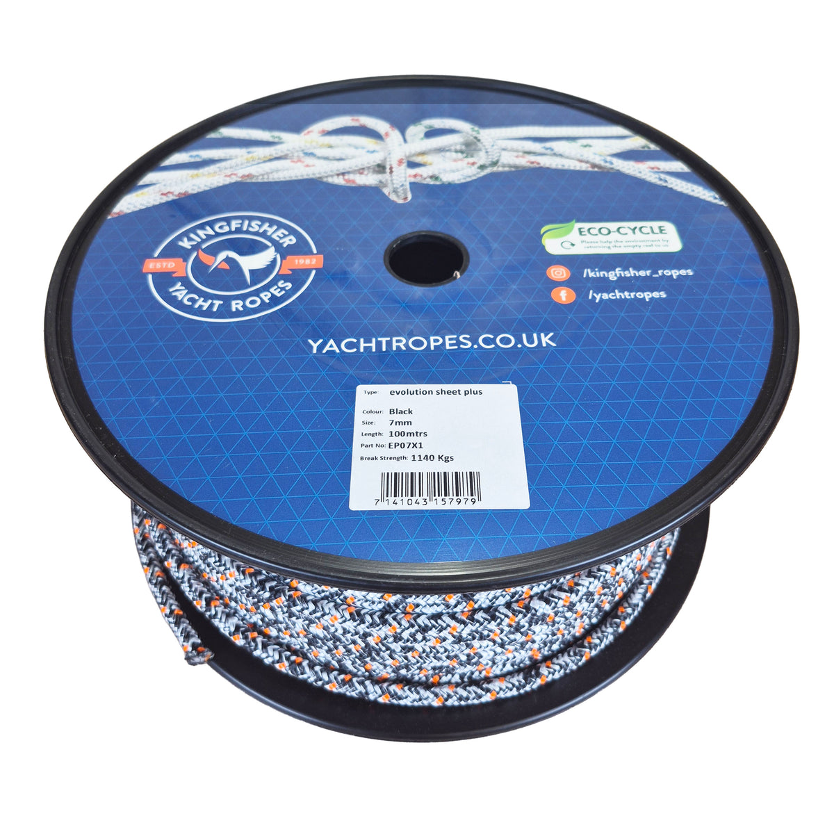 A spool of Kingfisher Yacht Ropes black evolutions sheet plus rope, featuring a blue printed label on the spool with product details and branding.