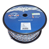 A spool of Kingfisher Yacht Ropes black evolutions sheet plus rope, featuring a blue printed label on the spool with product details and branding.