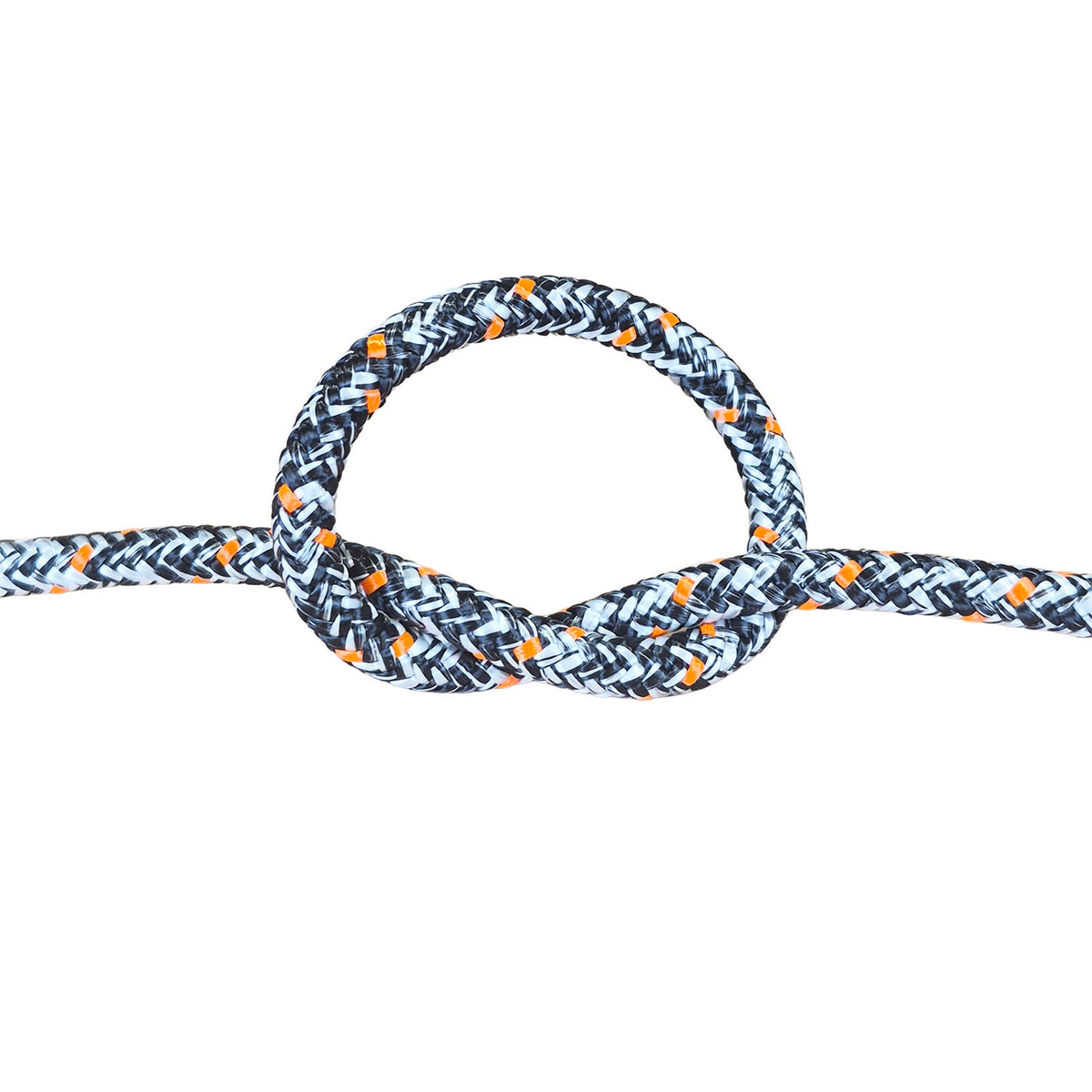 A close-up of a braided rope tied in a loop and knot, shown against a plain white background. The rope has a black base with a white chevron pattern and small orange diamond accents.