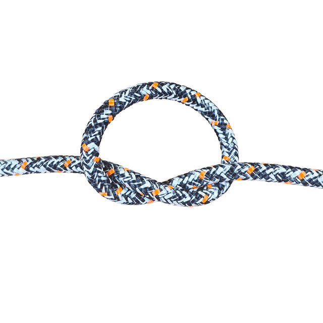 A close-up of a braided rope tied in a loop and knot, shown against a plain white background. The rope has a black base with a white chevron pattern and small orange diamond accents.