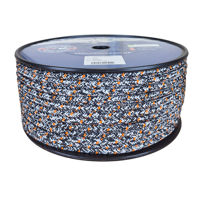 A large spool of braided rope with a black, white, and orange pattern, photographed on a solid white background.