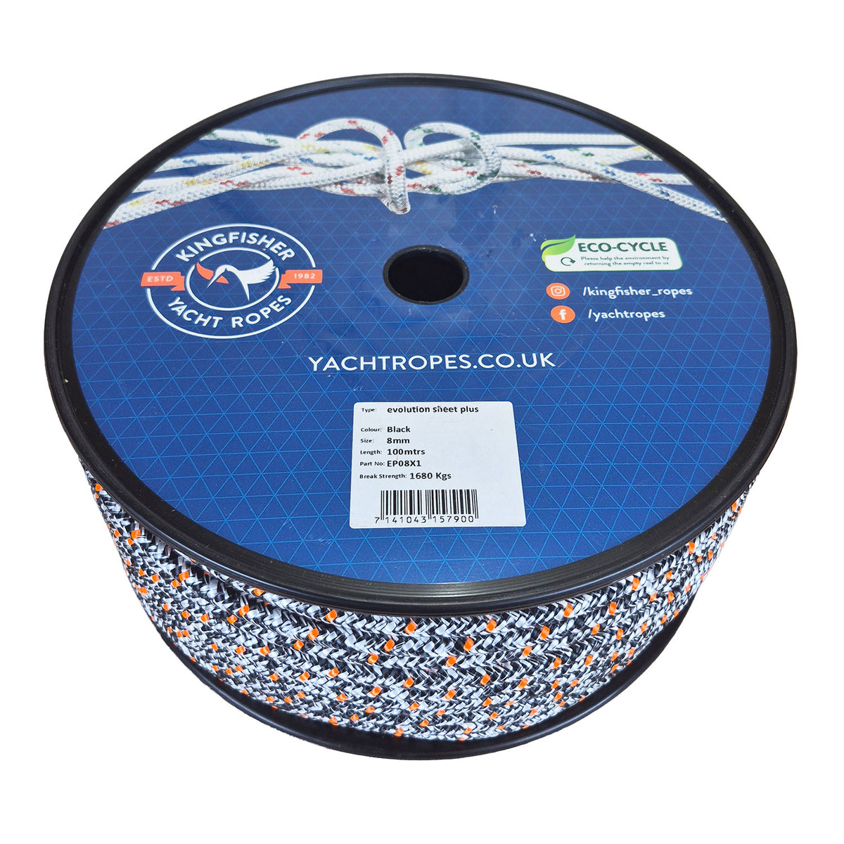 A spool of Kingfisher Yacht Ropes black evolutions sheet plus rope, featuring a blue printed label on the spool with product details and branding.