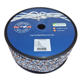 A spool of Kingfisher Yacht Ropes black evolutions sheet plus rope, featuring a blue printed label on the spool with product details and branding.