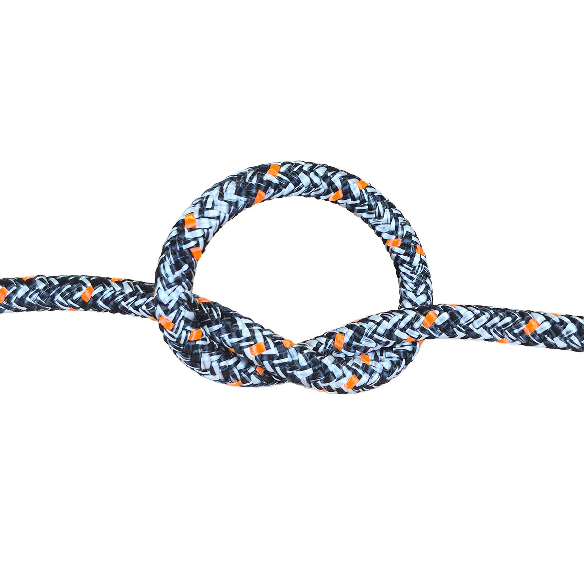 A close-up of a braided rope tied in a loop and knot, shown against a plain white background. The rope has a black base with a white chevron pattern and small orange diamond accents.