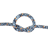 A close-up of a braided rope tied in a loop and knot, shown against a plain white background. The rope has a black base with a white chevron pattern and small orange diamond accents.