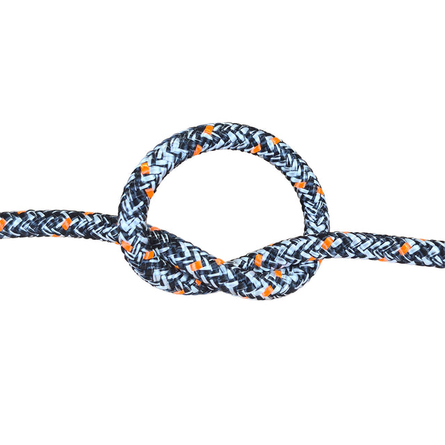 A close-up of a braided rope tied in a loop and knot, shown against a plain white background. The rope has a black base with a white chevron pattern and small orange diamond accents.