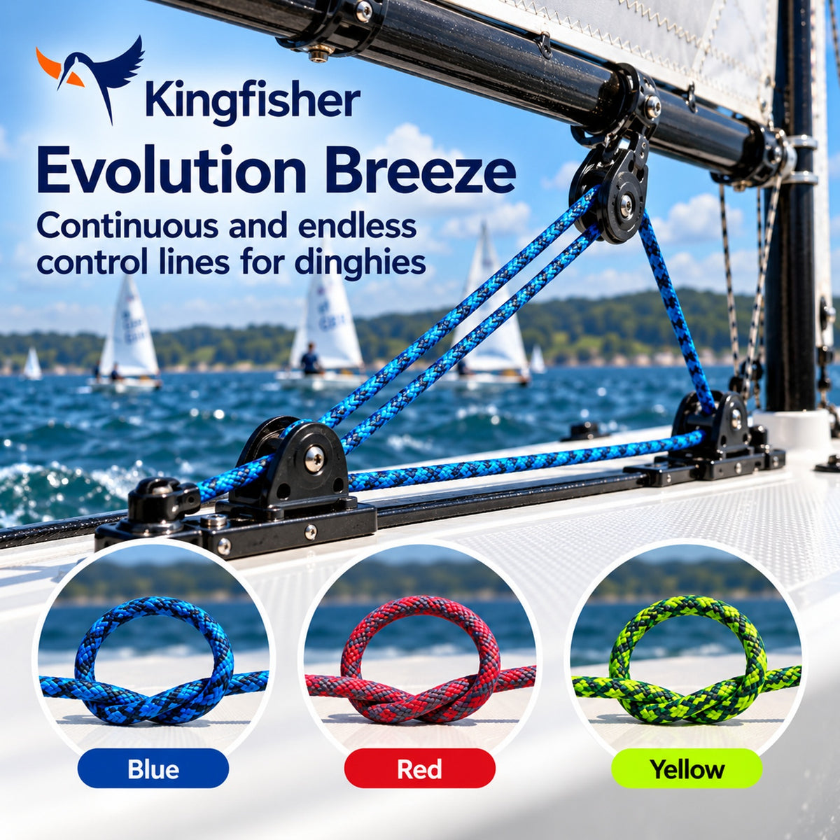 Kingfisher Evolution Breeze dinghy control lines shown in use on a sailboat with ocean and other boats in the background. Three circular insets at the bottom show the rope color options: blue, red, and yellow.