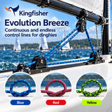 Kingfisher Evolution Breeze dinghy control lines shown in use on a sailboat with ocean and other boats in the background. Three circular insets at the bottom show the rope color options: blue, red, and yellow.