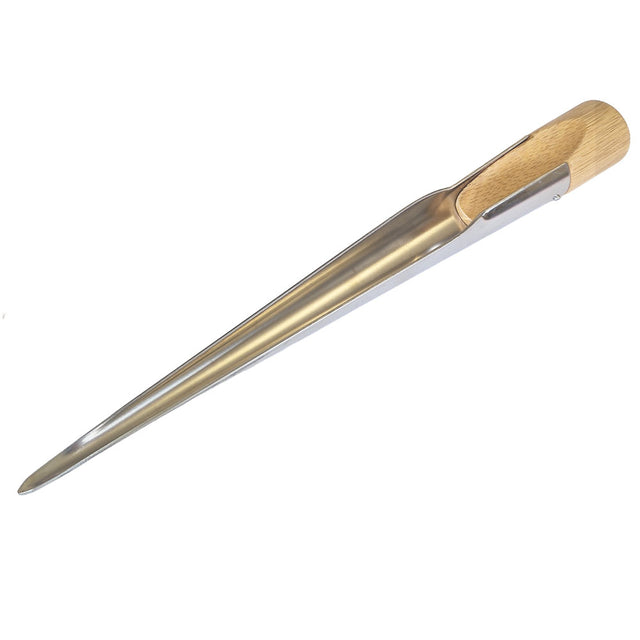 Cose-up of a stainless steel rope splicing fid with a wooden handle