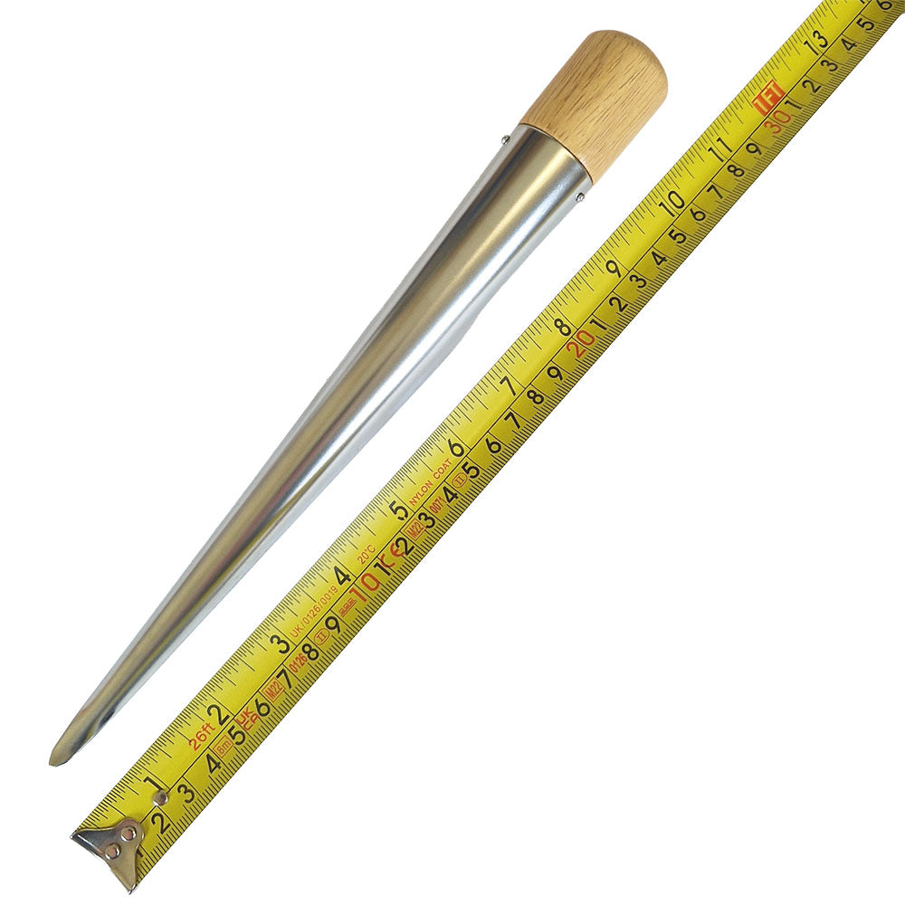 Rope splicing tool with wooden handle next to a tape measure on a white background