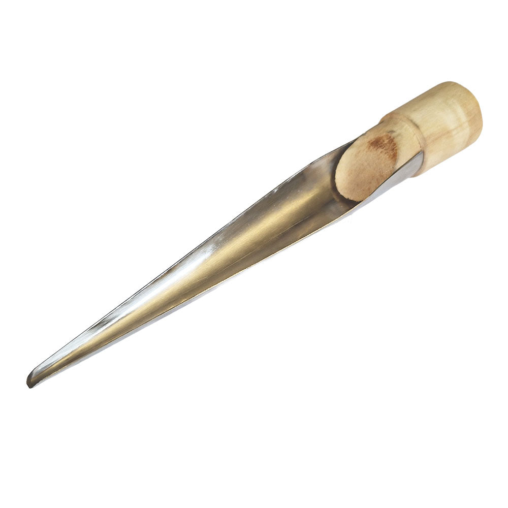 Cose-up of a stainless steel rope splicing fid with a wooden handle