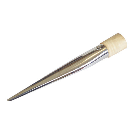 Cose-up of a stainless steel rope splicing fid with a wooden handle