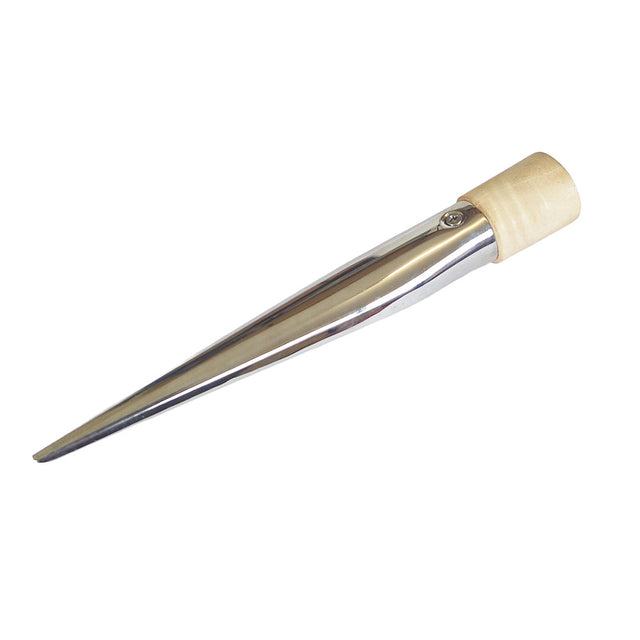 Cose-up of a stainless steel rope splicing fid with a wooden handle