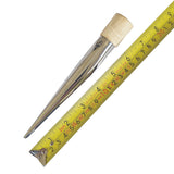 Rope splicing tool with wooden handle next to a tape measure on a white background