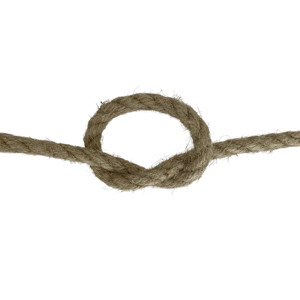 Close-up of a knotted piece of natural brown rope on a white background